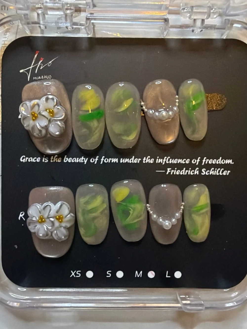 Green Swirl Press-On Nail Set with Pearl & Floral Accents